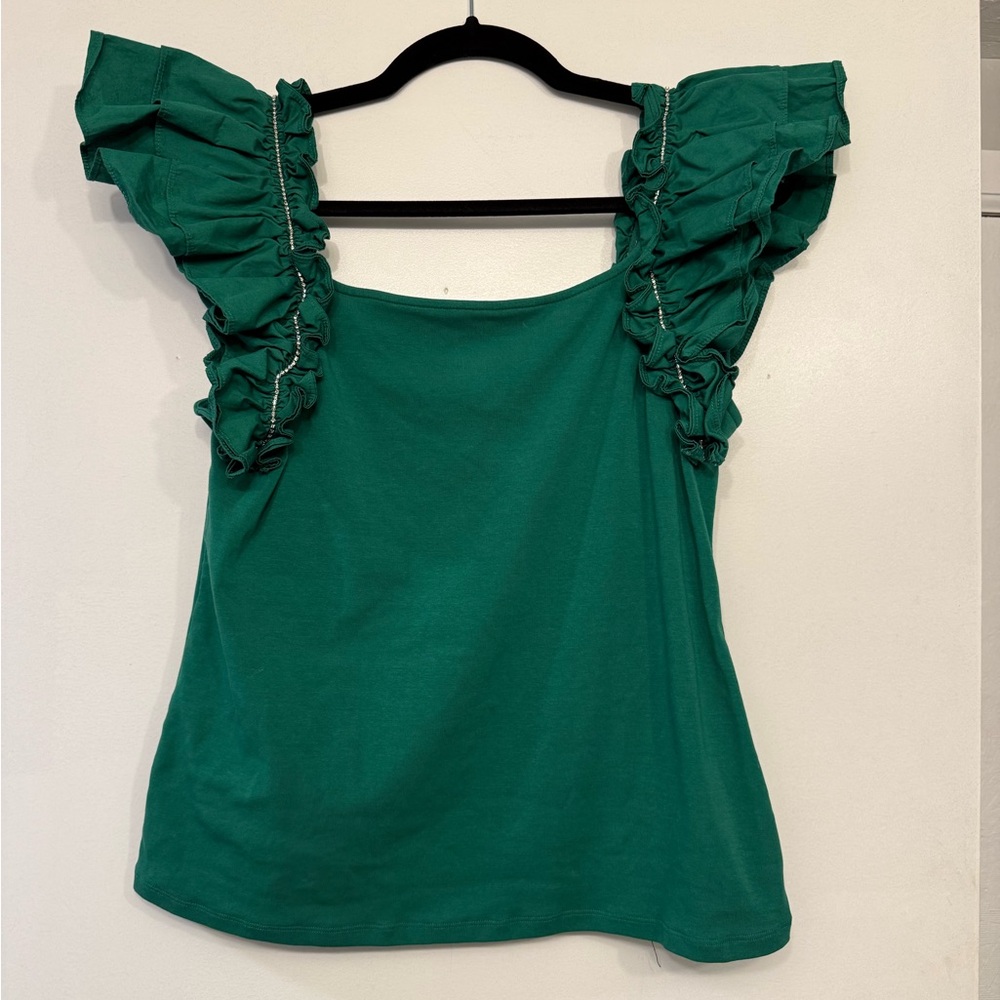 Marc New York Andrew Marc Green Ruffle Sleeve Top Size M Embellished Shoulder